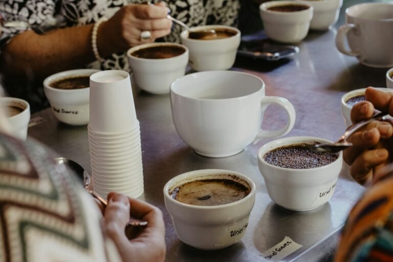 Coffee tasting setup with several cups arranged for evaluation